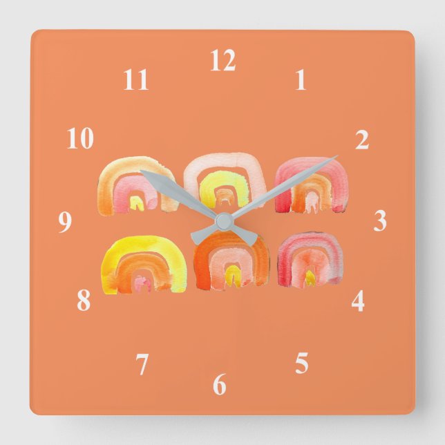 Orangefarbene Regenbogen-niedliche Retrografik Quadratische Wanduhr (Vorderseite)