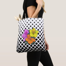 Orangefarbene, rosa Blume auf Schwarz-weißer Grafi Tasche