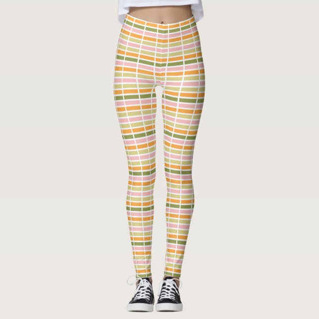Orangefarbene Rosa Gold und grüne Streifen Leggings (Vorderseite)