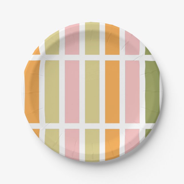 Orangefarbene Rosa Gold und grüne Streifen Pappteller (Vorderseite)