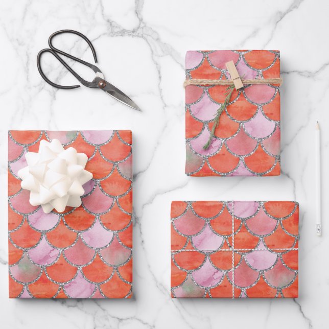 Orangefarbene, rosa und silberne Meerjungenskala Geschenkpapier Set (Vorderseite)
