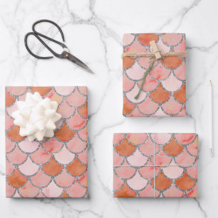 Orangefarbene, rosa und silberne Meerjungenskala Geschenkpapier Set