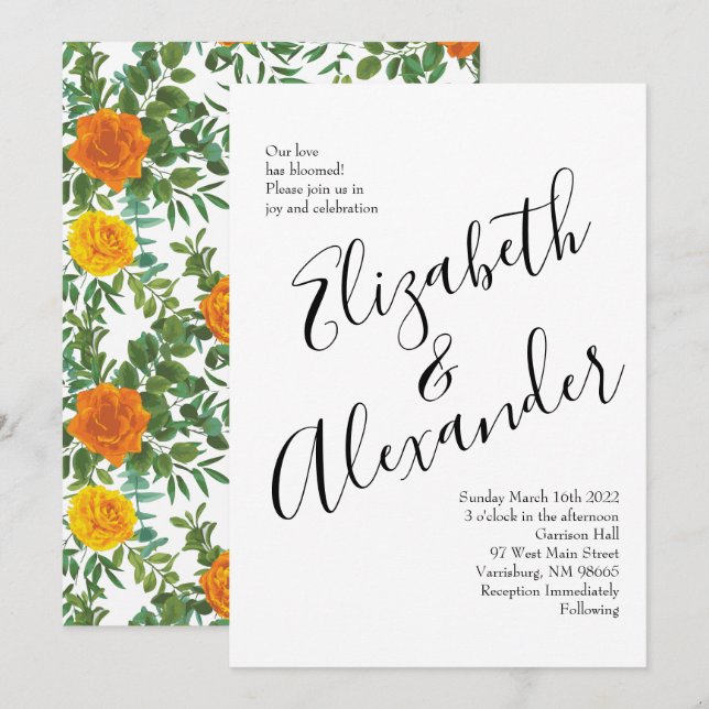 Orangefarbene Rose Hochzeit florale Moderne Einladung (Vorne/Hinten)