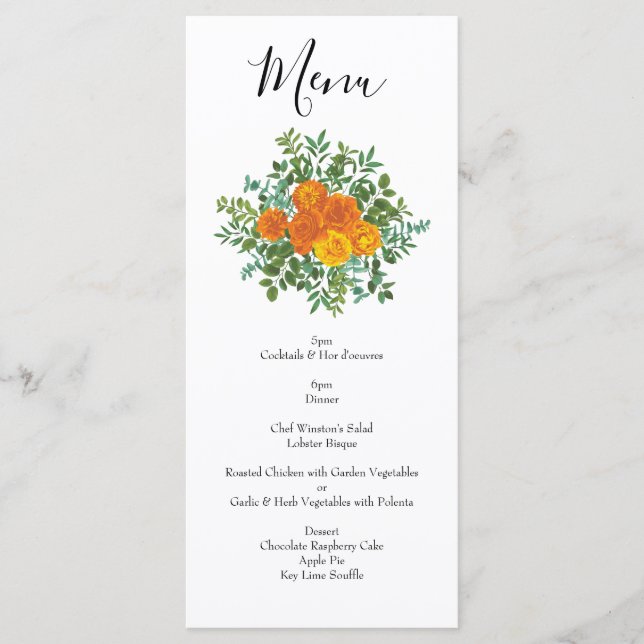 Orangefarbene Rose Hochzeit florale Moderne Menükarte (Vorderseite)