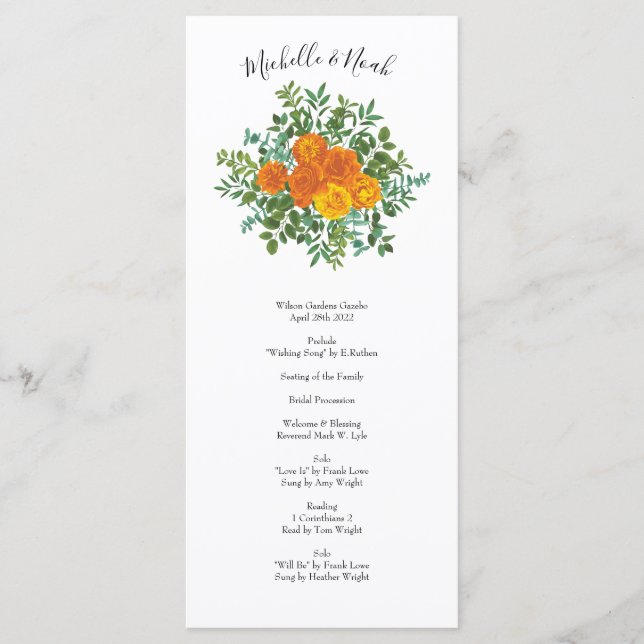 Orangefarbene Rose Hochzeit florale Moderne Menükarte (Vorderseite)