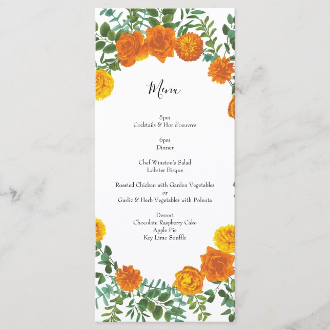 Orangefarbene Rose Hochzeit florale Moderne Menükarte (Vorderseite)