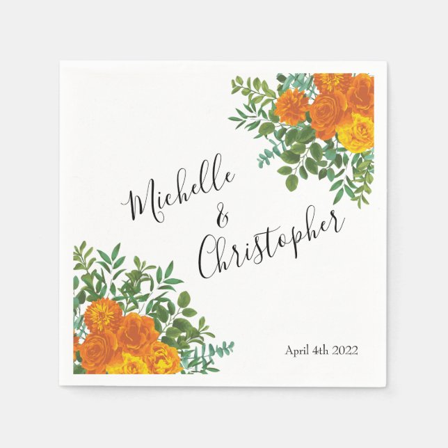Orangefarbene Rose Hochzeit florale Moderne Serviette (Vorderseite)