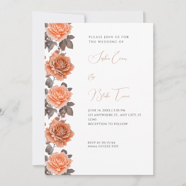 Orangefarbene Rose Moderne Fall White Wedding Einladung (Vorderseite)