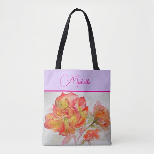 Orangefarbene Rose Rose Aquarellmalerei Tote Beute Tasche (Vorderseite)