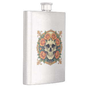Orangefarbene Rose und Cranium Flachmann