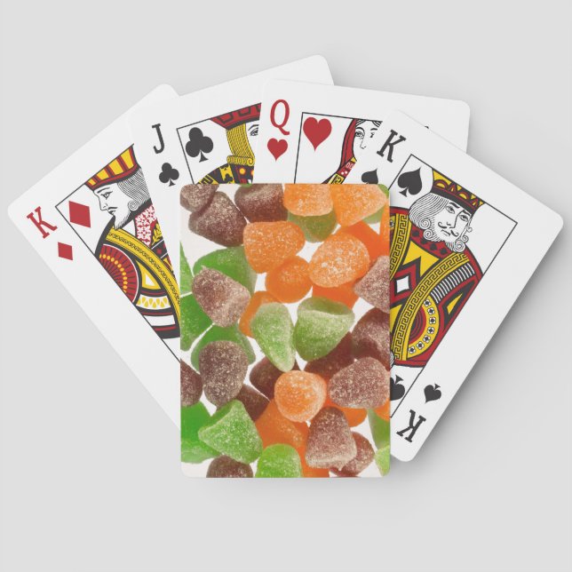 Orangefarbene rote Kaugummi mit Zucker bestreut Spielkarten (Rückseite)