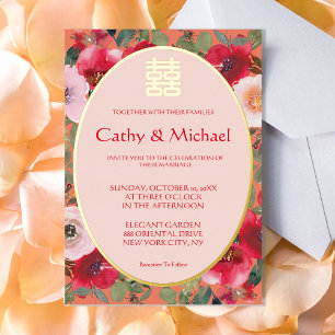 Orangefarbene rötliche Blume Chinesische Hochzeit Folieneinladung