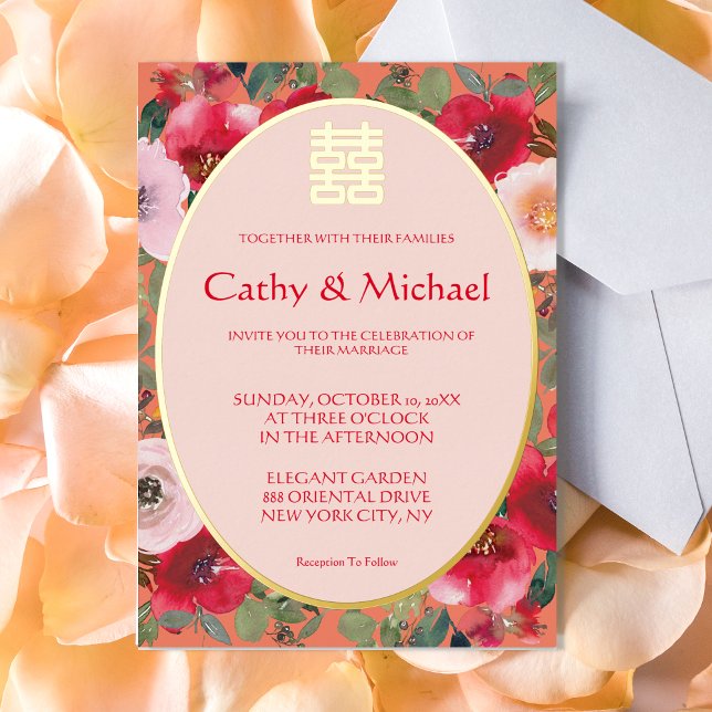 Orangefarbene rötliche Blume Chinesische Hochzeit Folieneinladung (Von Creator hochgeladen)