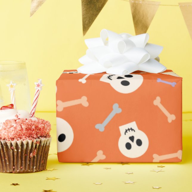 Orangefarbene Schädel und Knochenbrüche - Geschenk Geschenkpapier (Geburtstagsparty)