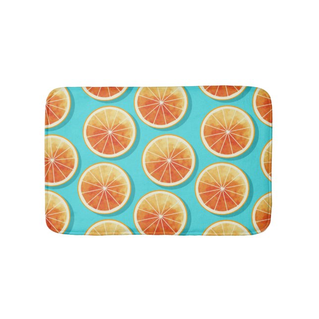 Orangefarbene Scheiben auf blau Badematte (Vorderseite)