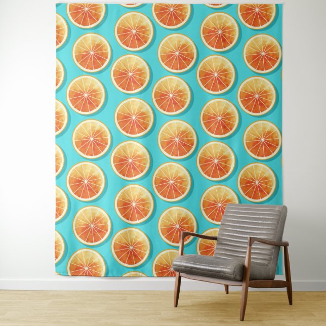 Orangefarbene Scheiben auf blau Wandteppich (Beispiel)
