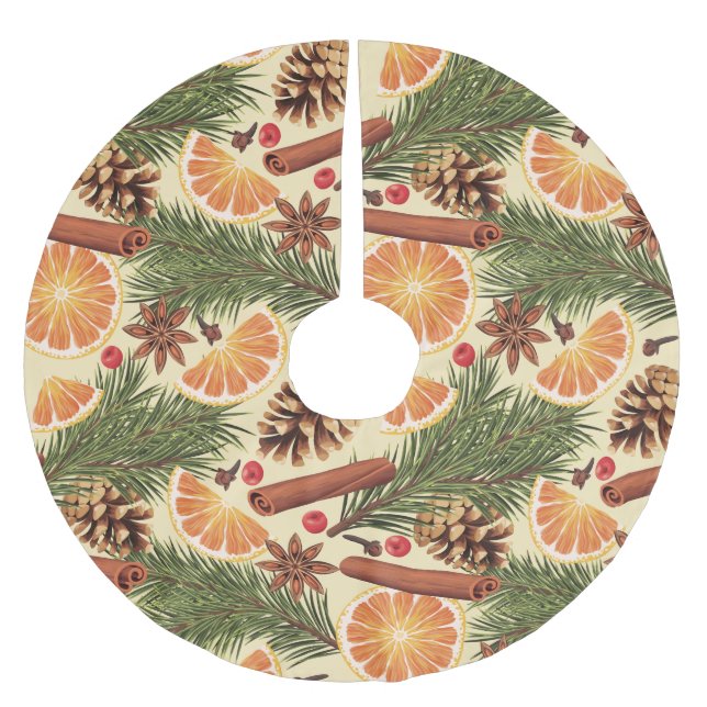 Orangefarbene Scheiben und Gewürze Polyester Weihnachtsbaumdecke (Vorderseite)