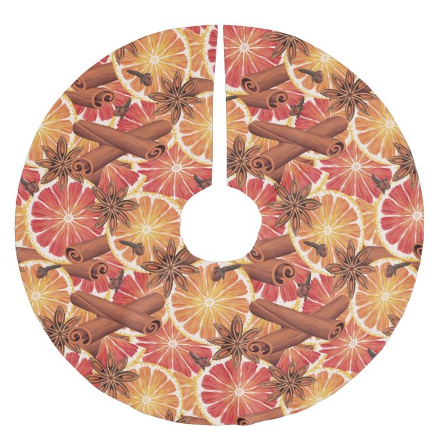 Orangefarbene Scheiben und Gewürze Polyester Weihnachtsbaumdecke (Vorderseite)