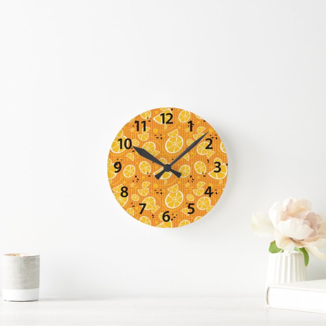 Orangefarbene Schlitzkanten, Illustrationsmuster W Runde Wanduhr (Zuhause)