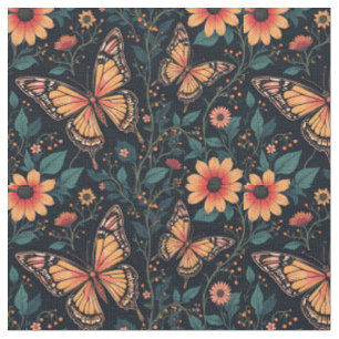 Orangefarbene Schmetterlinge und Blume Stoff