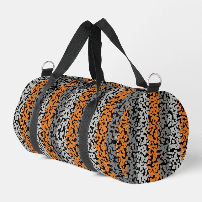 Orangefarbene schwarz pixelförmige Streifen Duffle Bag (Linke Seite)