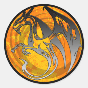 Orangefarbene schwarze Flügelgrunge-Drachenrundkle Runder Aufkleber