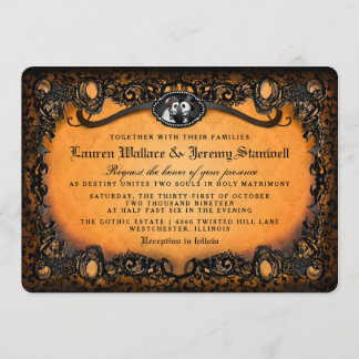 Orangefarbene Schwarze Hochzeit am Halloween-Skele Einladung