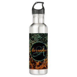 Orangefarbene Schwarzweißblumen-Monogramm mit grün Edelstahlflasche