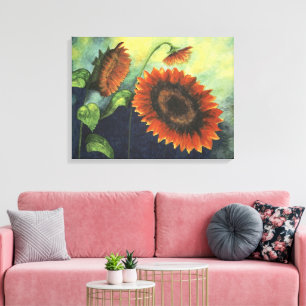 Orangefarbene Sonnenblumen Aquarellmalerei auf Lei Leinwanddruck