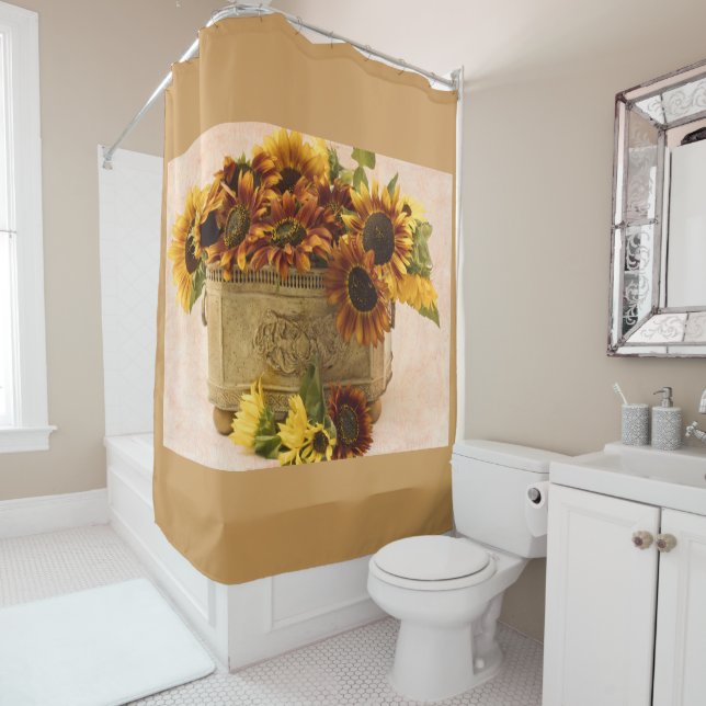 Orangefarbene Sonnenblumen im Körbchen Duschvorhang (Beispiel)