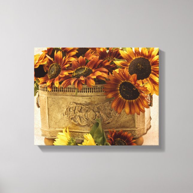 Orangefarbene Sonnenblumen im Körbchen Leinwanddruck (Vorderseite)