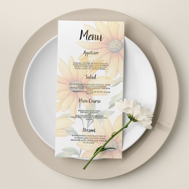 Orangefarbene Sonnenblumen Sommerblumen Hochzeitsm Programm (Orange green sunflower summer floral Wedding Menu )