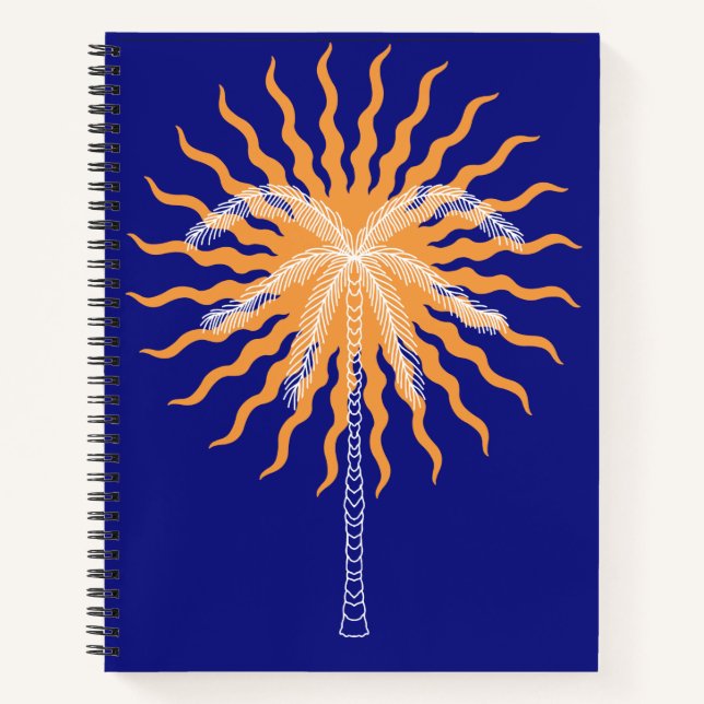 Orangefarbene Sonnenstrahlen, weiße Steilpalme Notizbuch (Vorderseite)