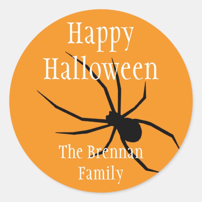 Orangefarbene Spinnenhalloween-individuelle Name Runder Aufkleber (Vorderseite)