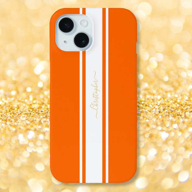 Orangefarbene Streifen Gold Mit Monogramm Cool Case-Mate iPhone Hülle (Orange White Racing Stripes Gold Monogrammed Cool Case-Mate iPhone Case)