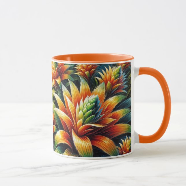 Orangefarbene Tasse mit gelb-grün leuchtenden Blum (Rechts)