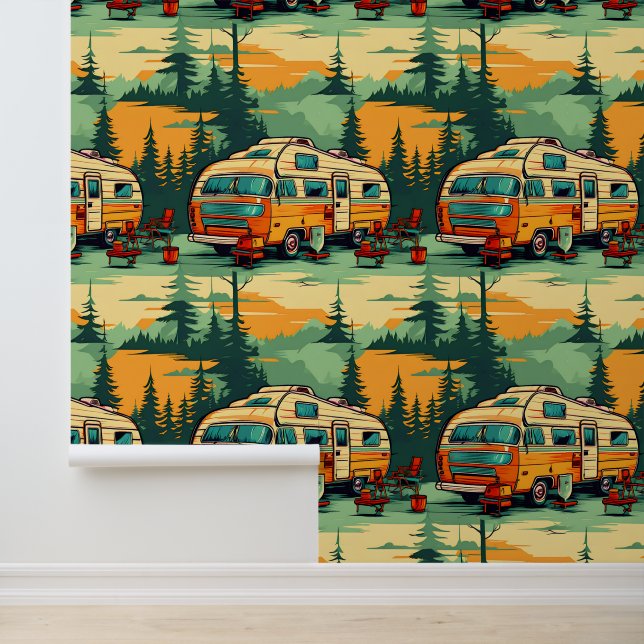 Orangefarbene und Aquamarine Blue Retro Campers Tapete (Anwendung)