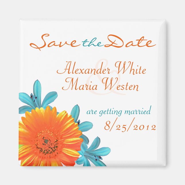 Orangefarbene und Aquamarine Sommer-Blume Speicher Magnet (Vorne)