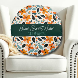 Orangefarbene und blaue Folien und Blume Personali Rundes Kissen