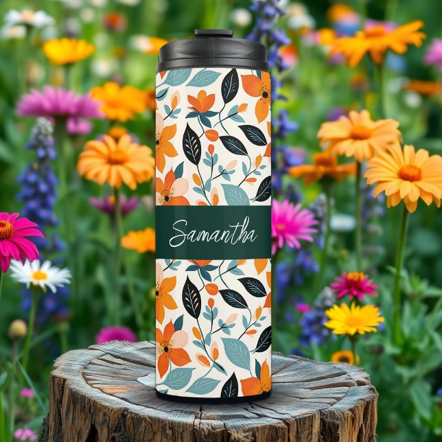 Orangefarbene und blaue Folien und Blume Personali Thermosbecher (Von Creator hochgeladen)