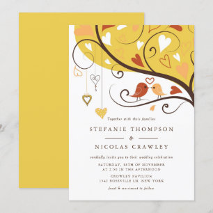 Orangefarbene und gelbe weiche Lovebirds Hochzeit Einladung