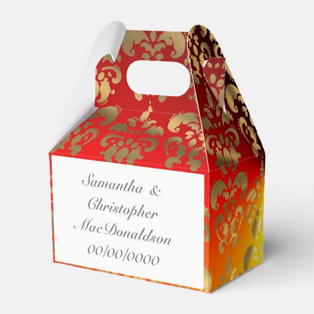 Orangefarbene und goldene Damastenhochzeit Geschenkschachtel (Rückseite)