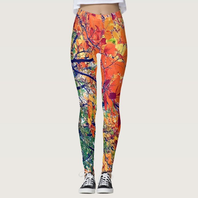 Orangefarbene und grüne Blätter Leggings (Vorderseite)