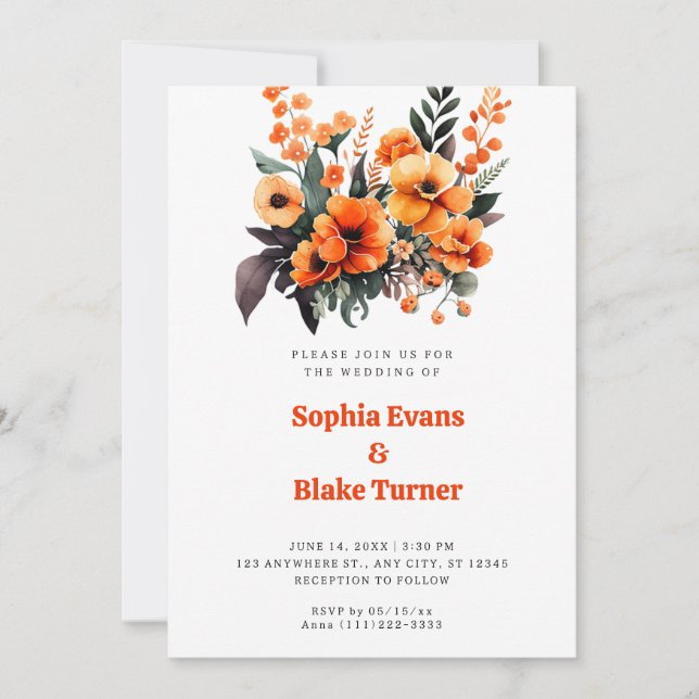 Orangefarbene und grüne Blumenbouquet White Weddin Einladung (Vorderseite)