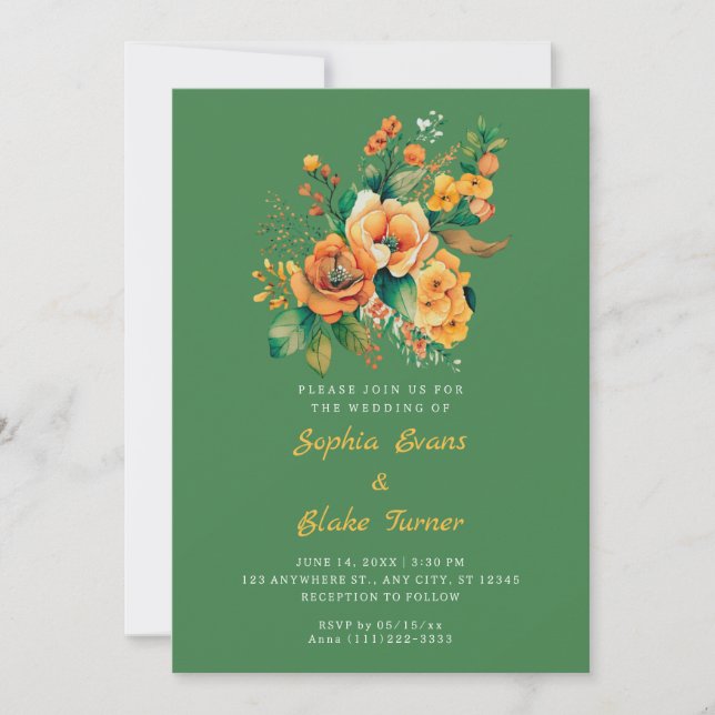 Orangefarbene und grüne Bouquet Grüne Hochzeit Einladung (Vorderseite)
