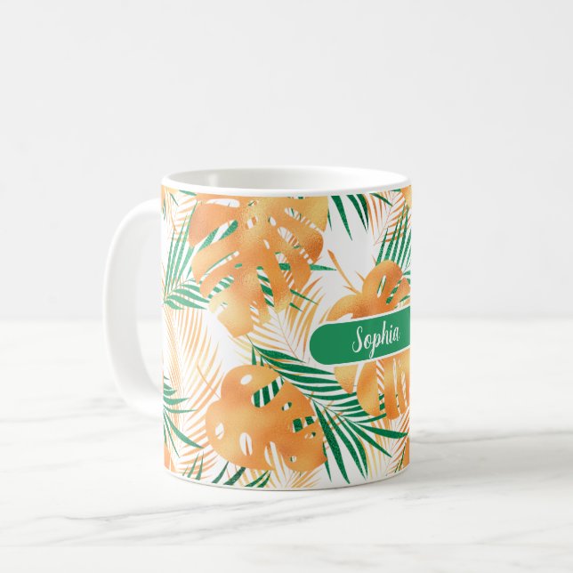 Orangefarbene und grüne tropische Blätter, weißer  Kaffeetasse (Vorderseite Links)