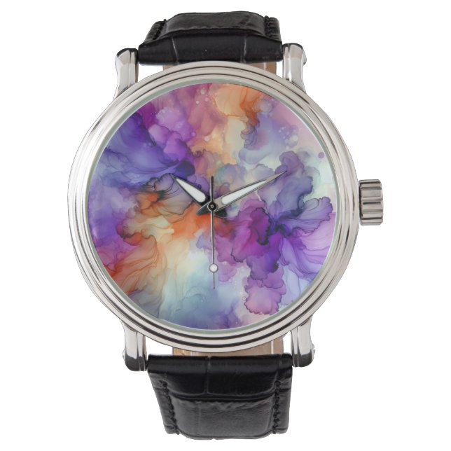 Orangefarbene und Lila Alkoholtinte Abstrakt Armbanduhr (Vorderseite)