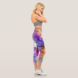 Orangefarbene und Lila Alkoholtinte Abstrakt Capri Leggings
