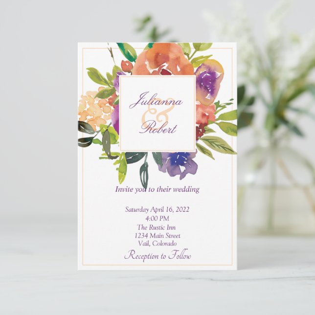 Orangefarbene und lila Hochzeit mit Blumen Einladung (Stehend Vorderseite)