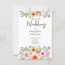 Orangefarbene und lila Hochzeit mit Blumen Einladung
